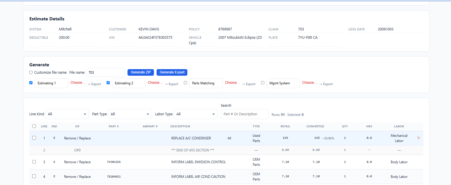Live parts sourcing grid in Estimator Advantage