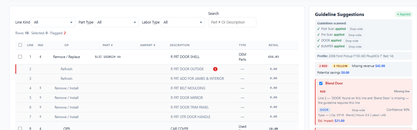 Guideline suggestions and audit alerts in Estimator Advantage